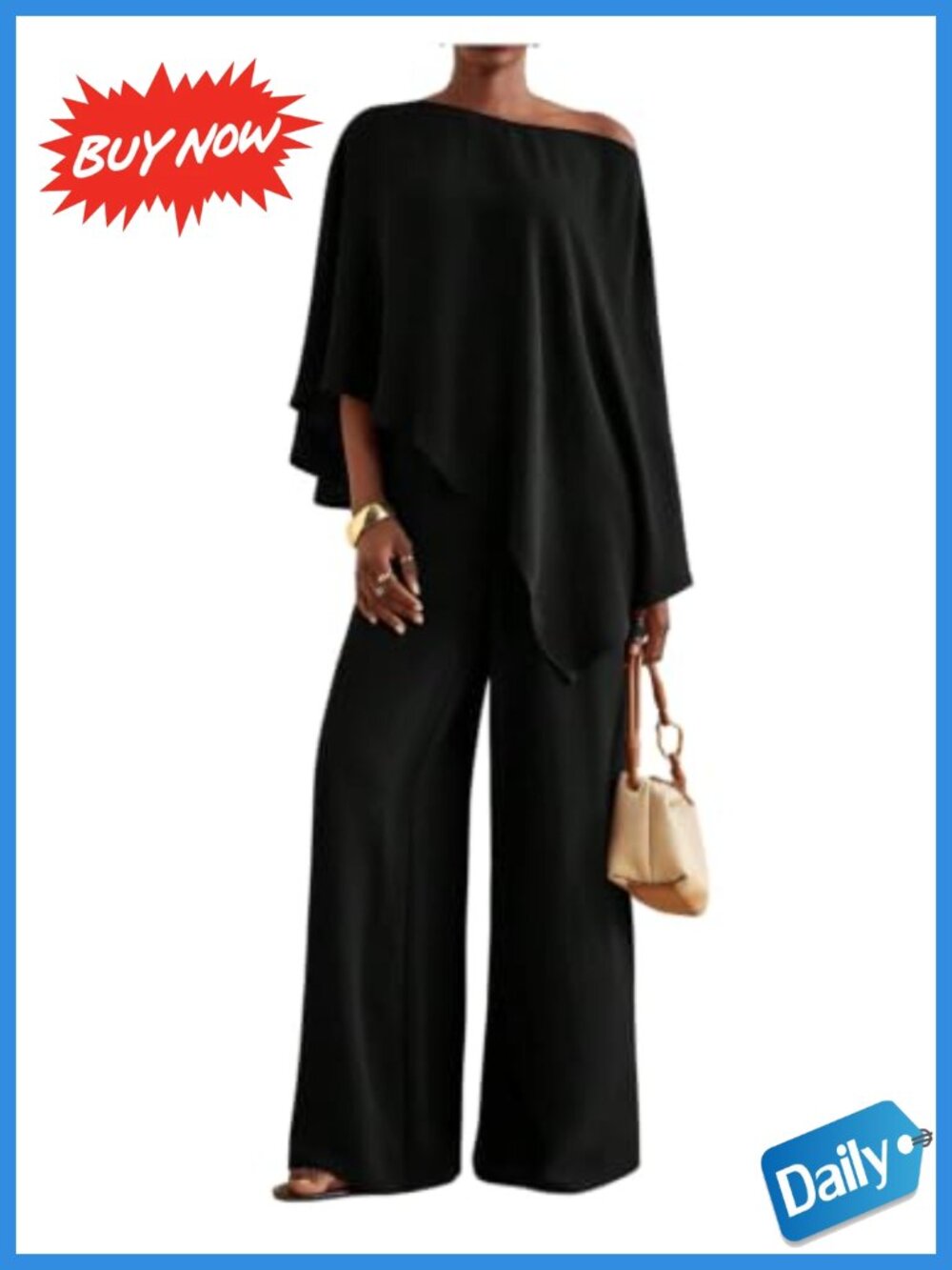 2 Piece Set Off Shoulder Asymmetrical Poncho Top Wide Leg Pants